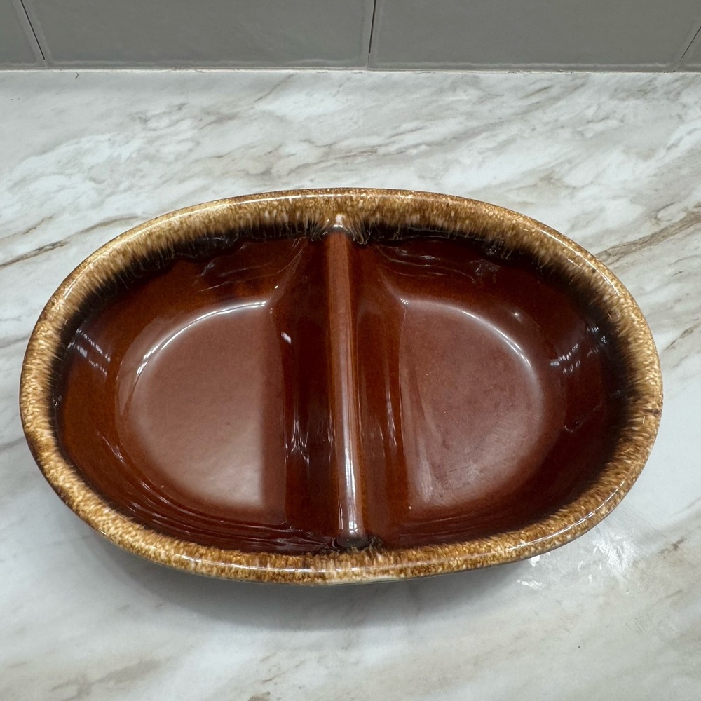 HULL OvenProof BROWN DRIP GLAZE DIVIDED SERVING BOWL DISH‎ OVEN PROOF USA